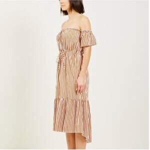 RUE STIIC | Lori Brown and White Striped Off Shoulder Midi Dress | Size Medium